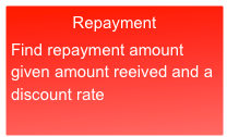 Repayment

Find repayment amount given amount reeived and a discount rate